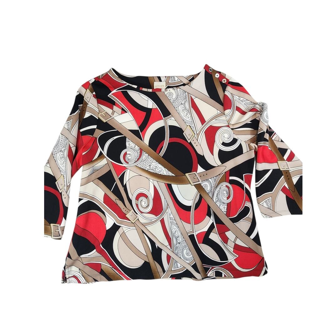Chico’s Abstract Belt Print 3/4 Sleeve Stretch Top Size 2 Red Black Beige